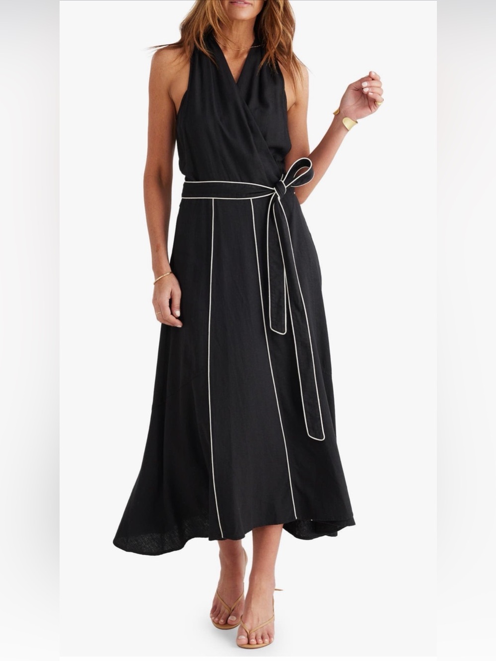 Brave + True Ari Linen Blend Maxi Dress M Black White Tie Waist NWOT